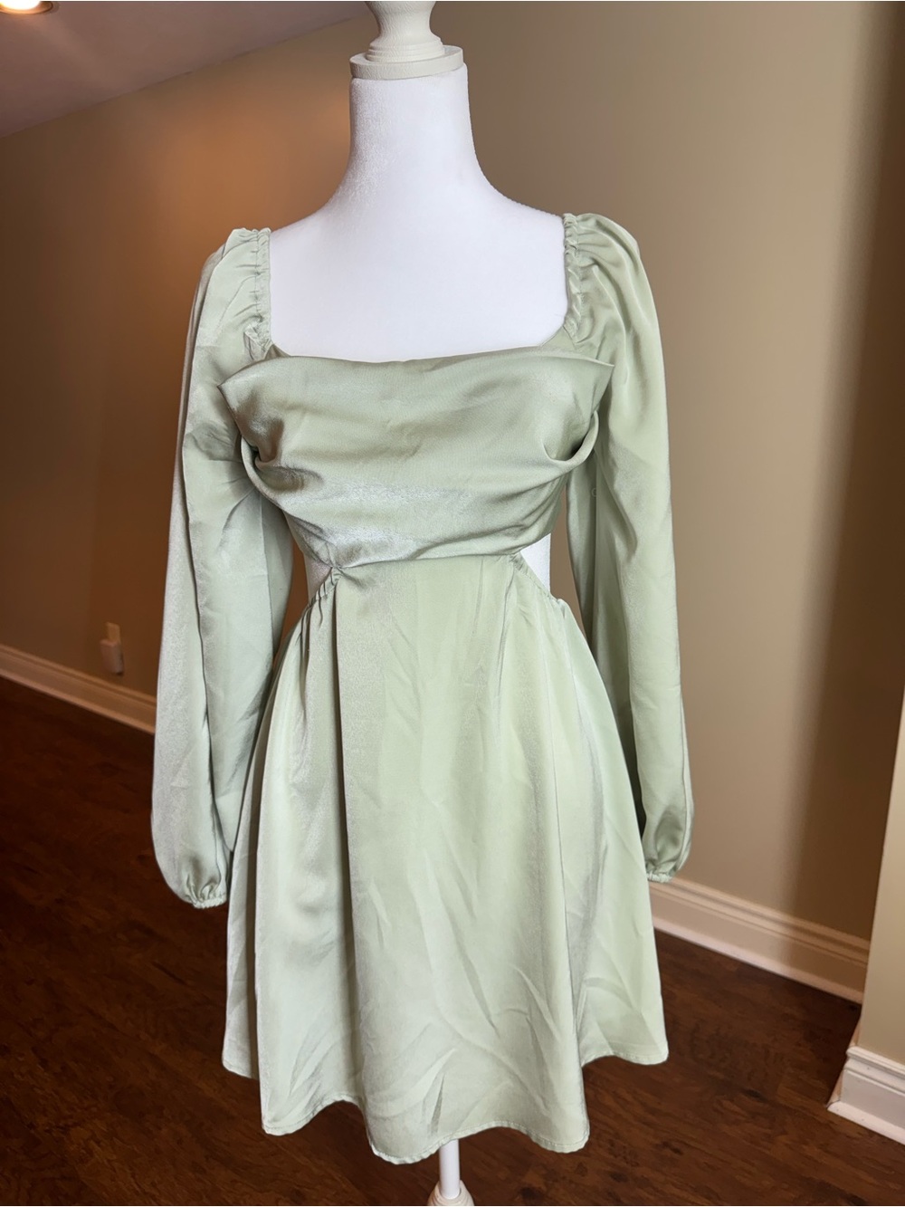 Hello Molly Sage Satin Square-Neck Long Sleeve Mini Dress